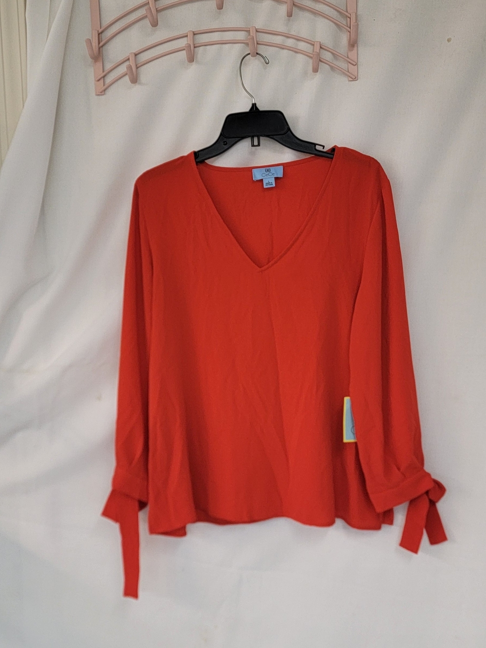 CeCe Red V-Neck Long Sleeve Tie Cuff Blouse